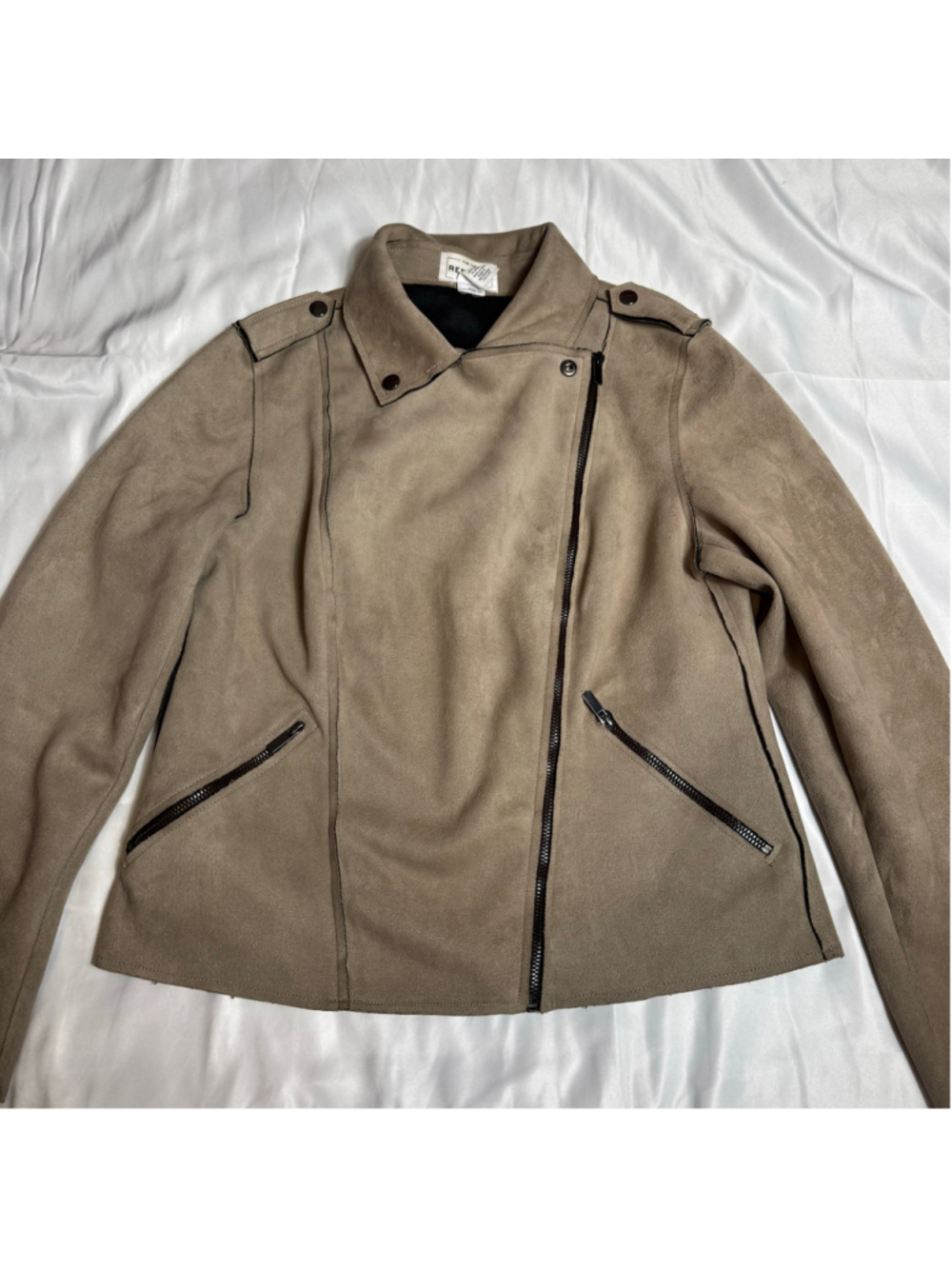 Women's For The Republic Faux Suede Moto Jacket Size M Beige Black